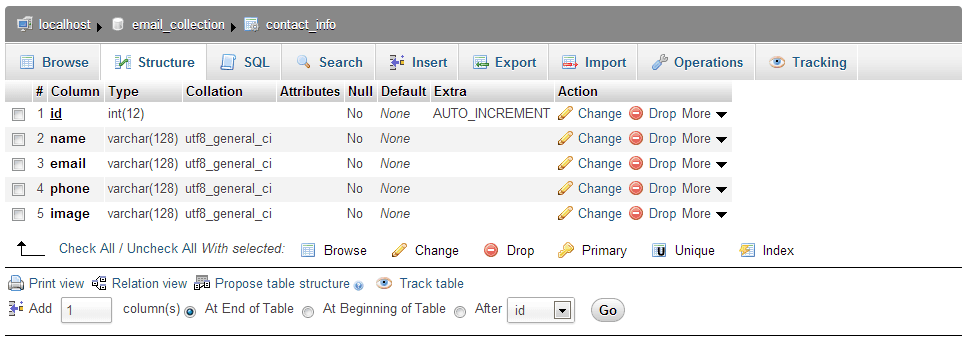 在MySQL表“contact_info”里添加一个新列“image”